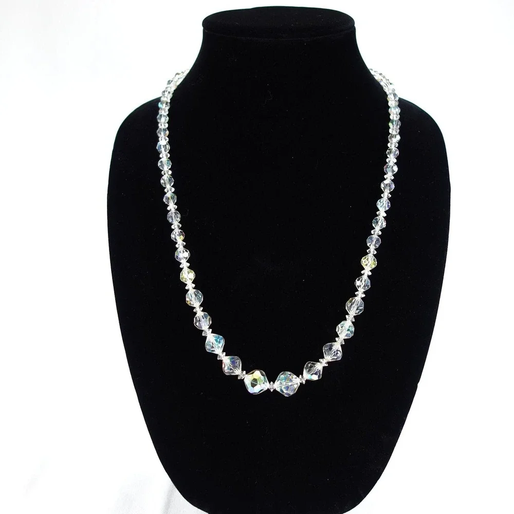 Vintage Aurora Borealis Crystal Graduated Beaded Necklace 20 Inch Clear AB